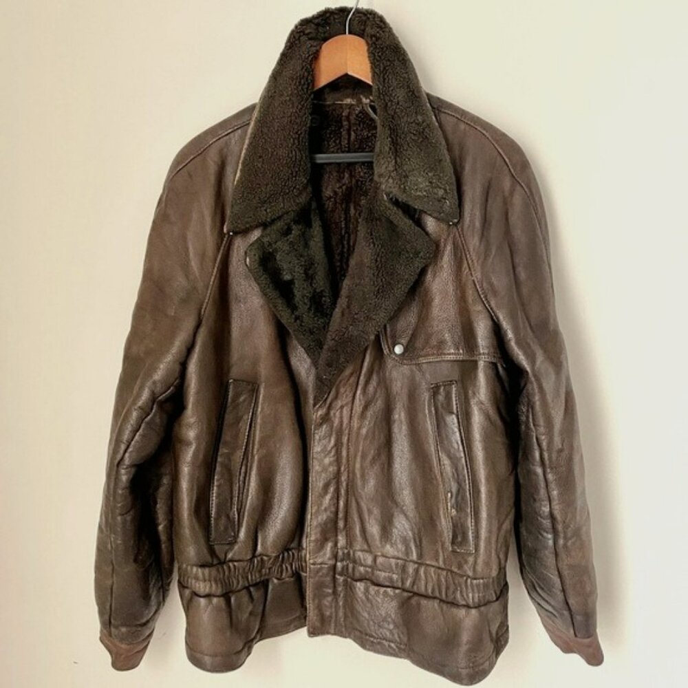 Vintage Loewe Aviator Shearling Sherpa Moto Bomber Jacket Brown Leather 52 Large